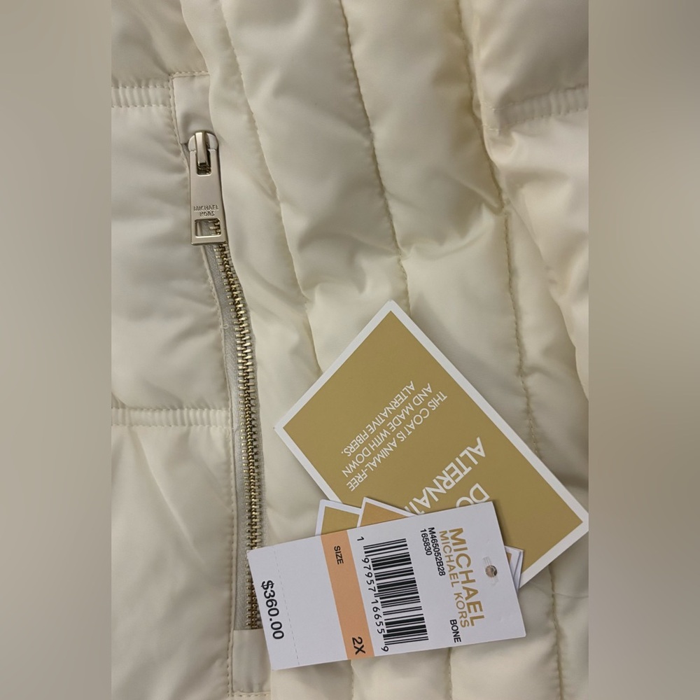 STUNNING 💅❄ Michael Kors Bone White MK Mid-Length Fur Puffer Jacket Coat $360 - Picture 10 of 15